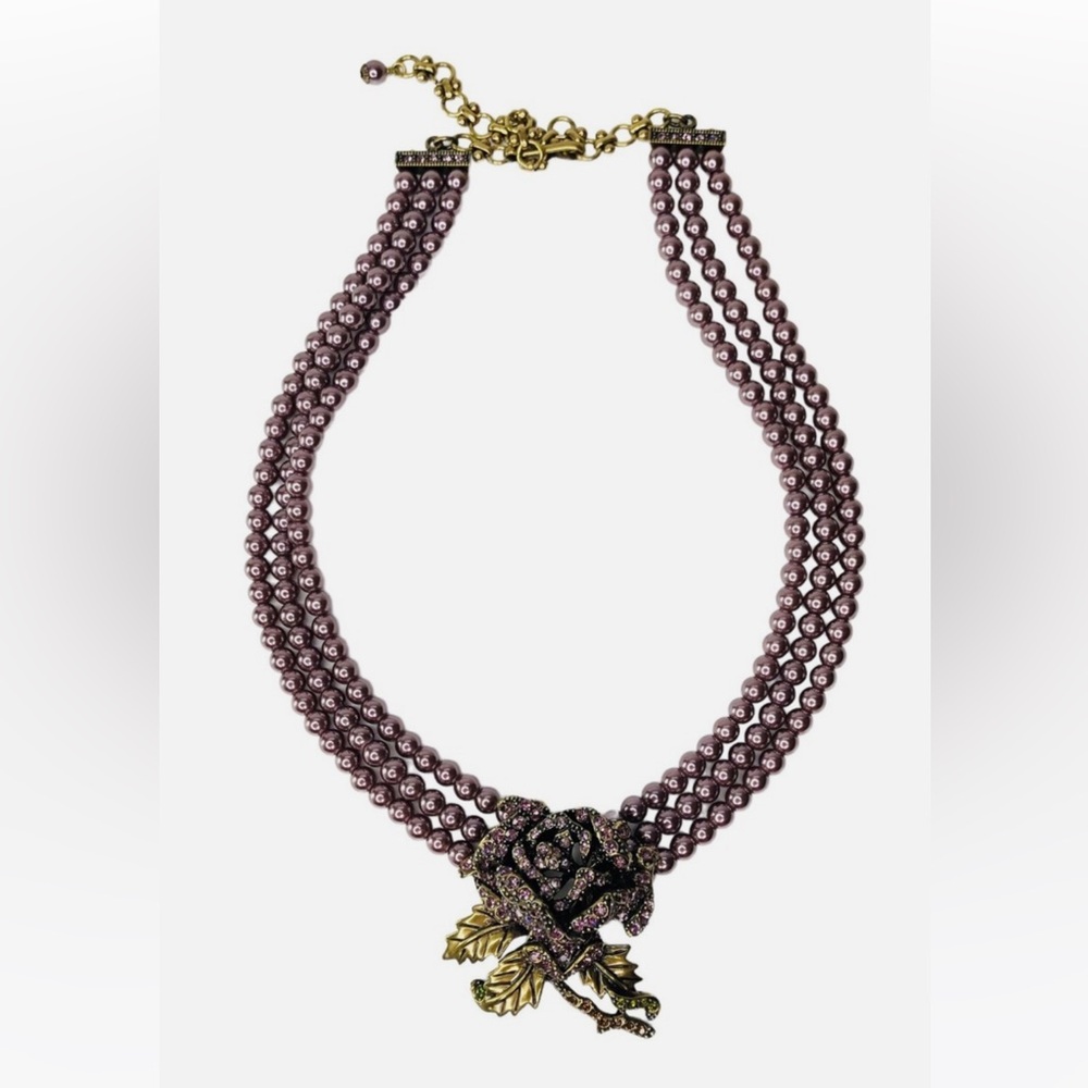 Heidi Daus Faux Purple Pearl Necklace Statement Gold Rose Pendant NEVER WORN 💫